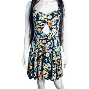Volcom Floral Cutout Skater Dress Womens Large Black Strappy Back Mini & Summer